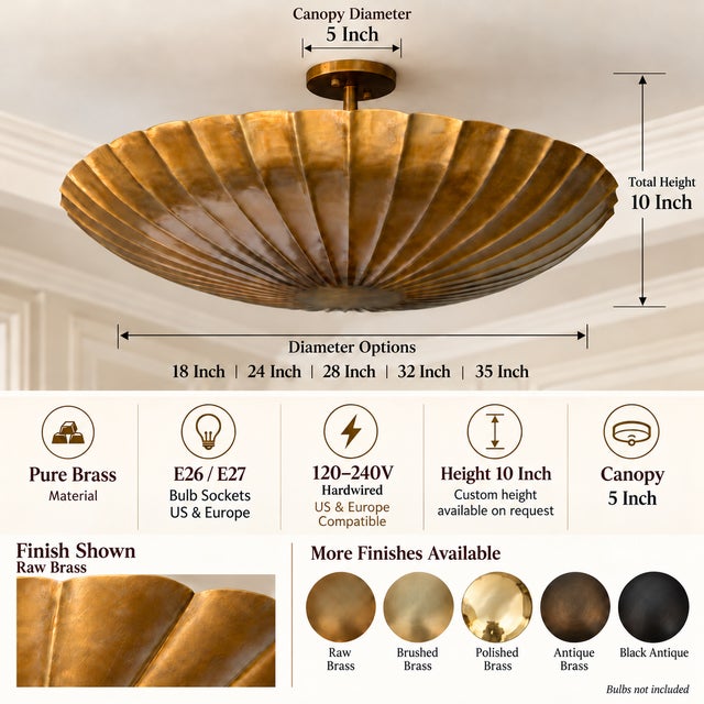 Mid-Century Modern Handmade Brass Flush Mount Ceiling Light, Raw Brass Scalloped Fixture for Bedroom, Hallway & Living Room For Sale - Image 3 of 14