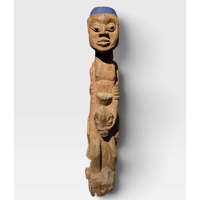 Tribal Antique African Veranda Post Depicting Mounted Warrior With Indigo Cap, C 1960s For Sale - Image 3 of 7