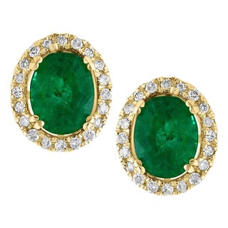 6 Carat Oval Shape Emerald and Diamond Post Back Earrings 14 Karat Yellow Gold For Sale