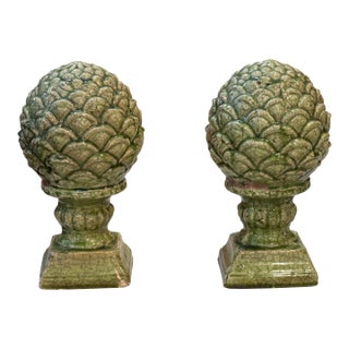 1950s Pair of Green Glazed Ceramic Artichoke Finials on Plinths For Sale