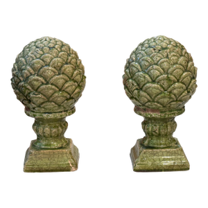 1950s Pair of Green Glazed Ceramic Artichoke Finials on Plinths