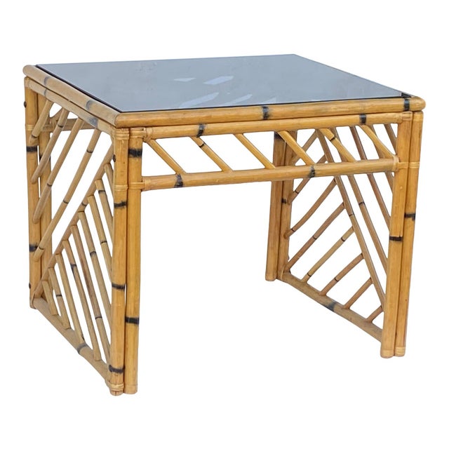 Mid-Century Modern Vintage 1960s Bamboo Rattan Side Table With Smaoked Glass Top For Sale - Image 3 of 4