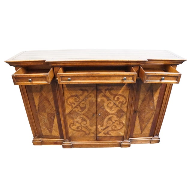 Vintage Antique Mediterranean Tuscan Style Alder Wood 77" Wine Storage Credenza Buffet W. Inlaid Features For Sale - Image 9 of 14