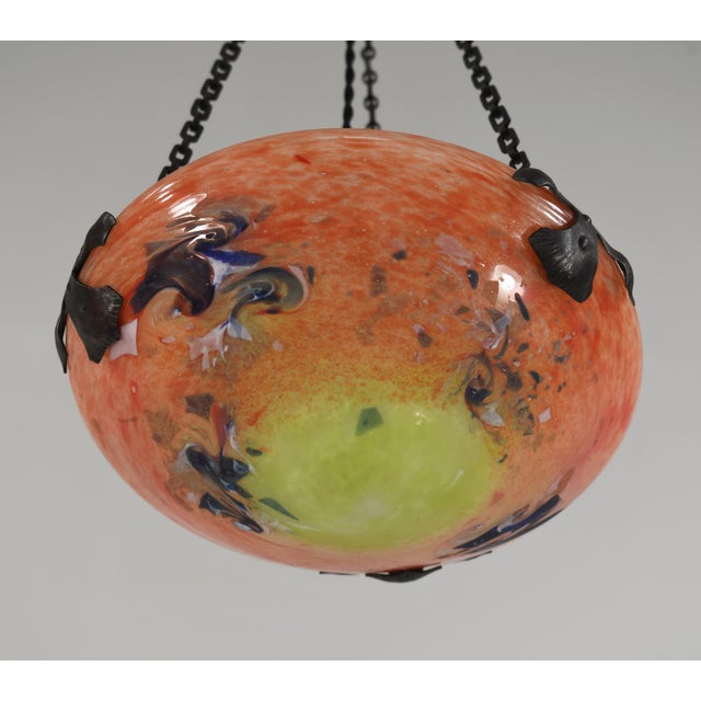 Metal Small French Art Deco Pendant Light by Le Verre Francais Schneider - 1925 Chandelier France For Sale - Image 7 of 14