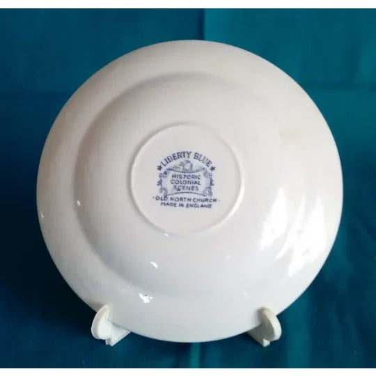 Antique Small Blue & White Dish ~ English Colonial Scene "Old North Church" Saucer For Sale - Image 4 of 5