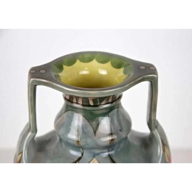 Remarkable Art Nouveau Majolica vase by Gerbing & Stephan from the early period in Bohemia around 1910. The beautiful...