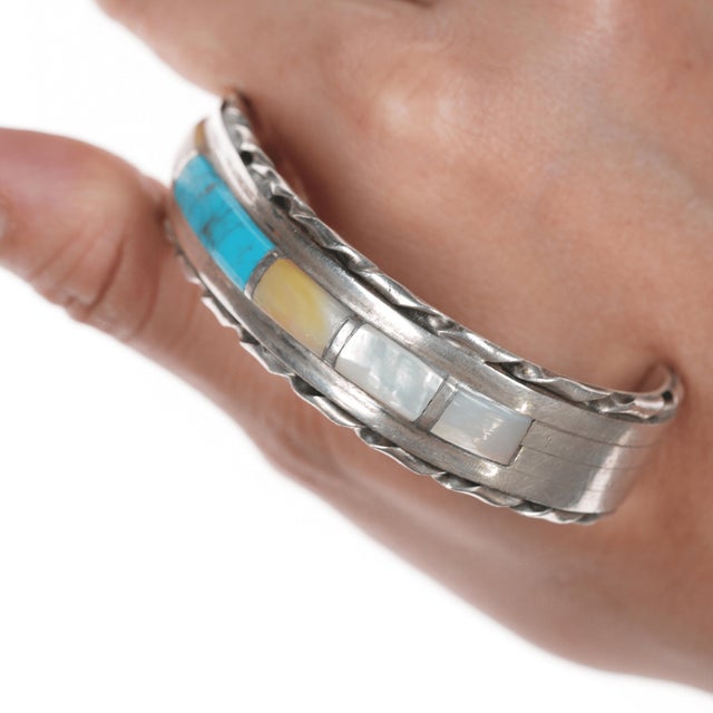 6.25" Vintage Zuni Turquoise and Shell channel inlay silver cuff bracelet For Sale In Austin - Image 6 of 11