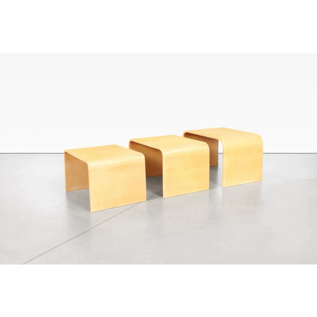 Vintage goatskin “Waterfall” nesting tables designed by the iconic designer Aldo Tura in Italy, circa 1970s. This set of 3...