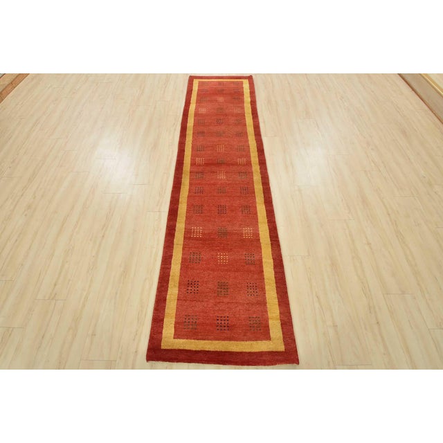 Contemporary Gabbeh Runner 2'7'' X 9'10'' Red Wool Contemporary Hand-Knotted Rug For Sale - Image 3 of 12