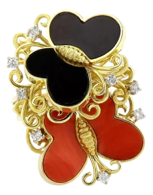 Diamond Coral Onyx 14k Yellow Gold Butterfly Ring, Size 11