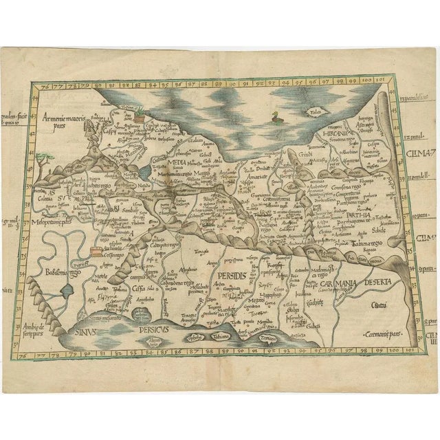 Antique map titled 'Tabula V Asiae'. Important early woodcut map of Middle East, depicting the area of Mesopotamia,...