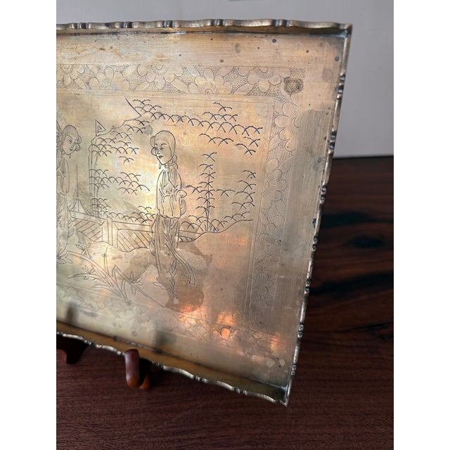 Antique Early 20th Century Engraved Chinese Brass Opium Tray With Scalloped Rim For Sale - Image 11 of 17
