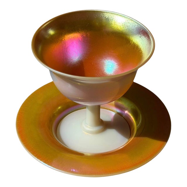 Steuben Gold Aurene on Calcite Iridescent Art Glass Footed Bowl & Underplate For Sale