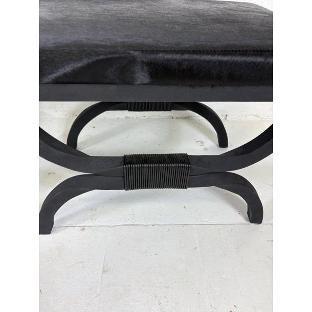 Metal Classical Pair of Wrought Iron Benches With Cowhide Upholstery For Sale - Image 7 of 9