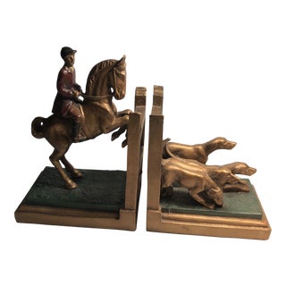 Vintage Equestrian Hunt Scene Bookends Horse & Rider/ Hounds For Sale