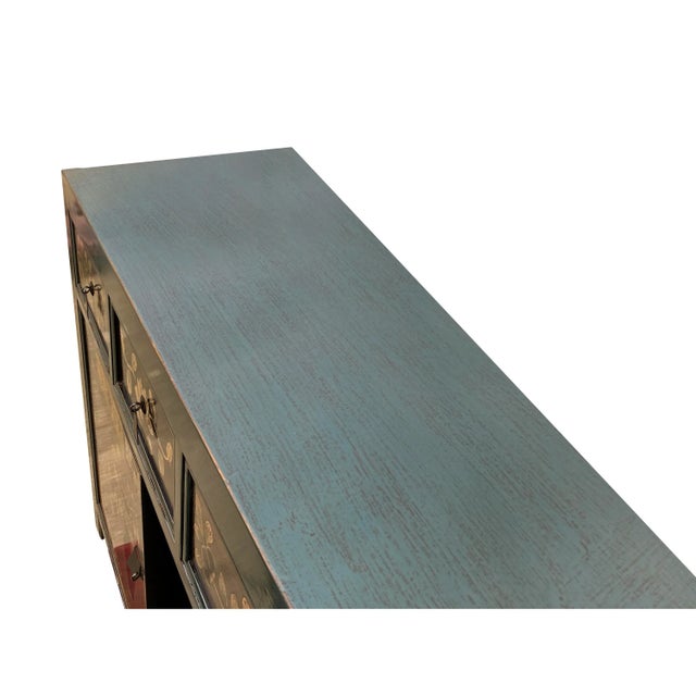 Chinese Distressed Teal Green Gray Flower Graphic Credenza Cabinet For Sale - Image 4 of 7