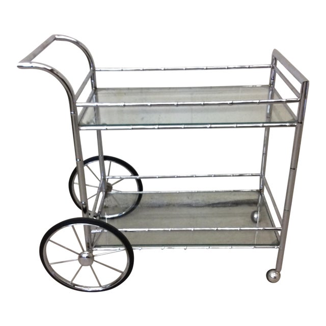 Italian Style Faux Bamboo Chrome Bar Cart For Sale