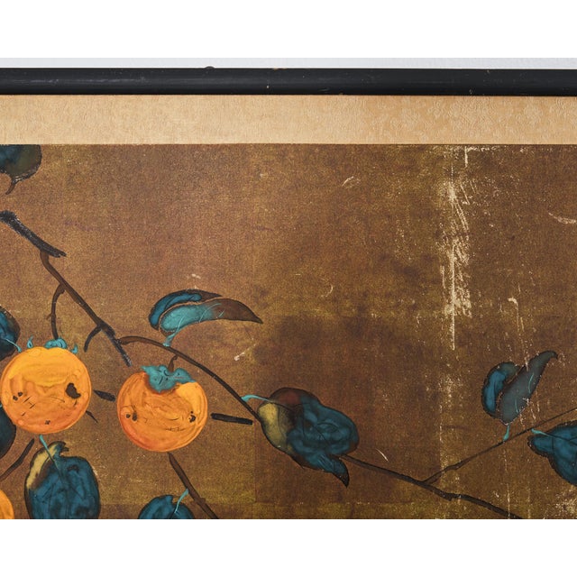 Japanese Showa Painted Panel Screen Persimmon Branch For Sale - Image 10 of 17