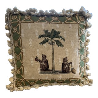 Vintage Needlepoint Monkey and Palm Tree Pillow 20” For Sale