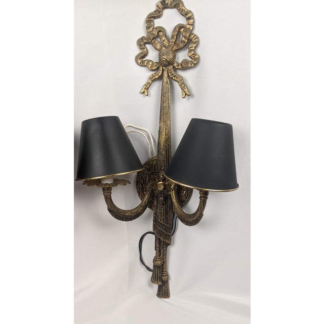 Vintage Ornate Gold-Tone Two-Light Wall Sconces With Shades - Pair For Sale - Image 4 of 18