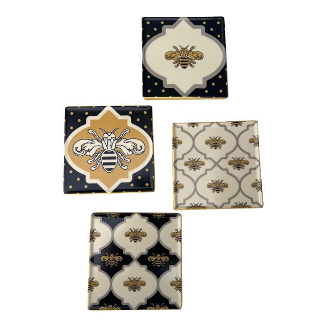Late 20th Century Mackenzie-Childs Queen Bee Coasters Ceramic Trivet Coasters - Set of 4 For Sale