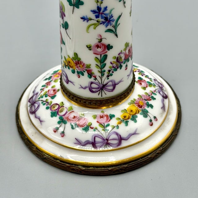 Louis XVI Revival Porcelain Candlesticks with Floral Garlands and Gilt Metal Mounts in the style of Sèvres, 1890s, Set of 2 For Sale - Image 9 of 18