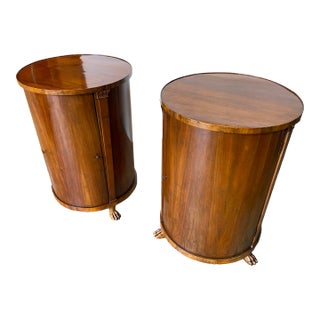 Exquisite Pair of 19th Century French Neoclassical Walnut Drum Tables With Lion’s Paw Feet – Restored With French Polish Finish For Sale