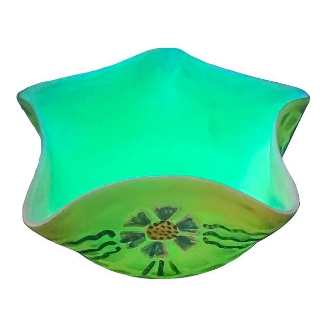 Antique Webb Victorian Uranium Satin Glass Ruffled Bowl Uv Reactive Floral 4.75” For Sale
