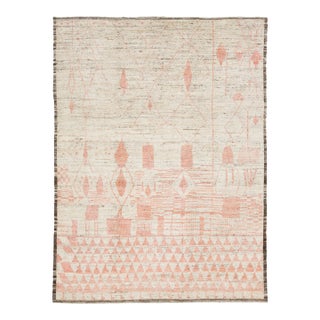 Handmade Modern Moroccan Style Beige Wool Rug With Geometry Design For Sale