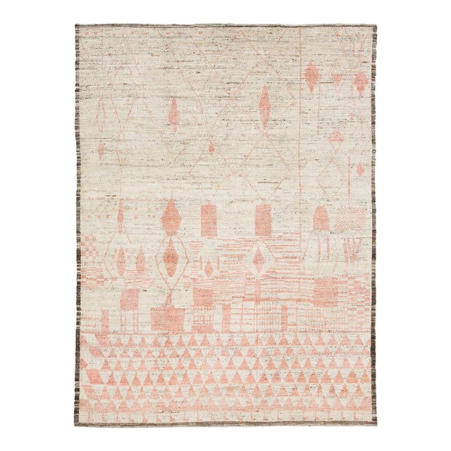 Handmade Modern Moroccan Style Beige Wool Rug With Geometry Design For Sale