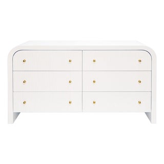Matthew Izzo Home Valentina Glossy White Lacquer Waterfall Edge Six Drawer Chest With Fluted Details For Sale