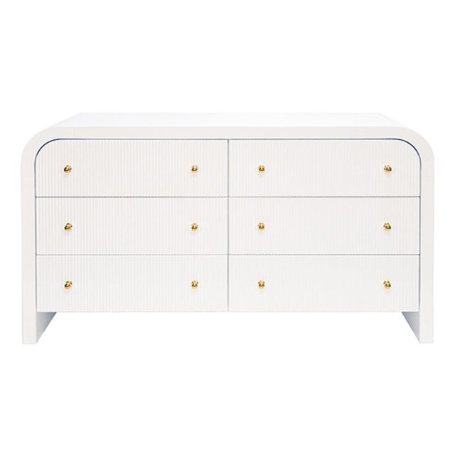 Matthew Izzo Home Valentina Glossy White Lacquer Waterfall Edge Six Drawer Chest With Fluted Details For Sale