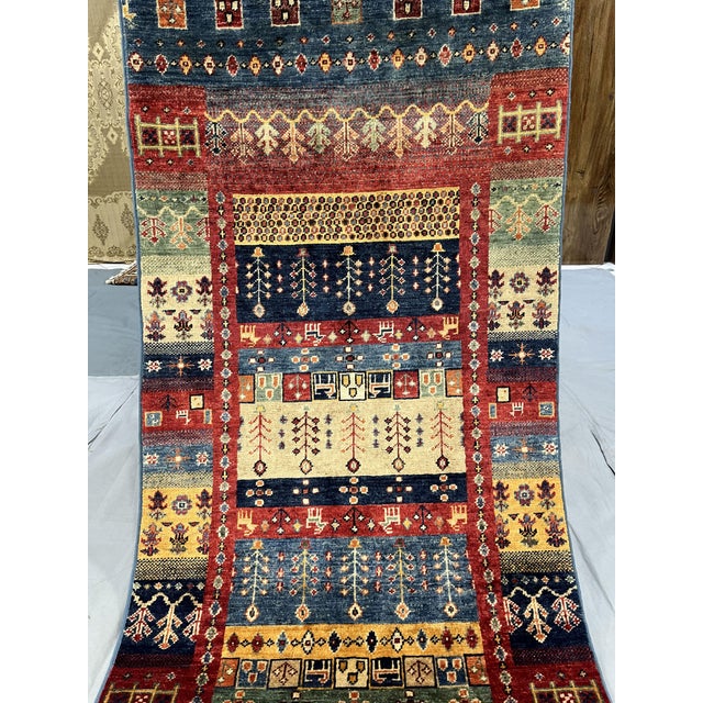 Sultani Khorjin Design Wool Runner in Blue and Red, 2'7" X 9'6" For Sale - Image 6 of 14