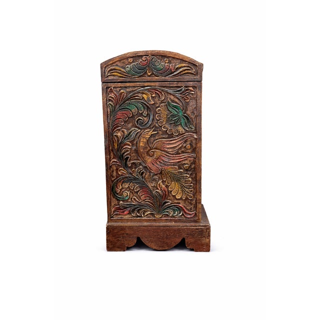 Circa 1980s–1990s This beautifully detailed carved wood jewelry chest features richly textured Old World styling with...