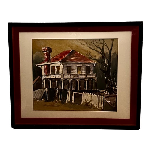 Vintage Watercolor of Southern Mansion in Disrepair Artist Unknown For Sale