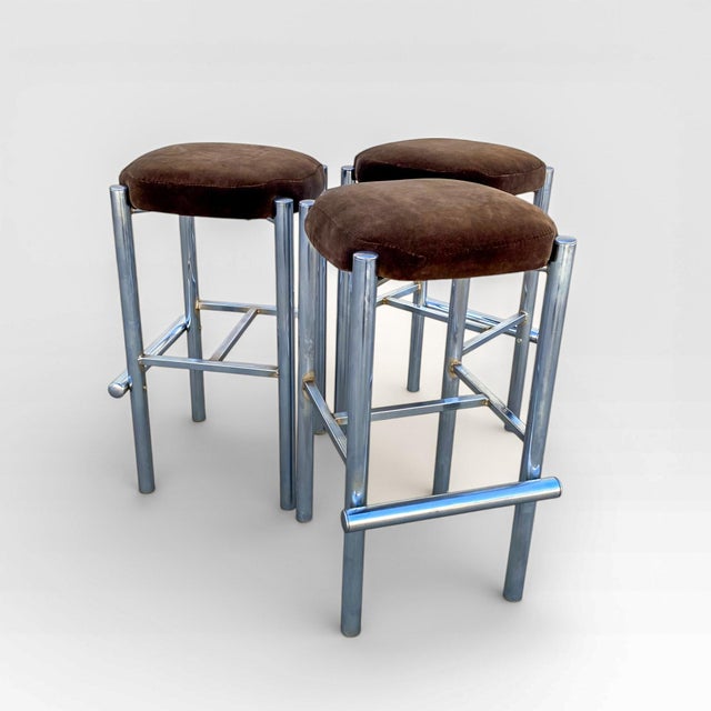 Chrome Bar Stools With Chocolate Velvet Seats, Set of Three,Vintage Mid Century For Sale - Image 10 of 18