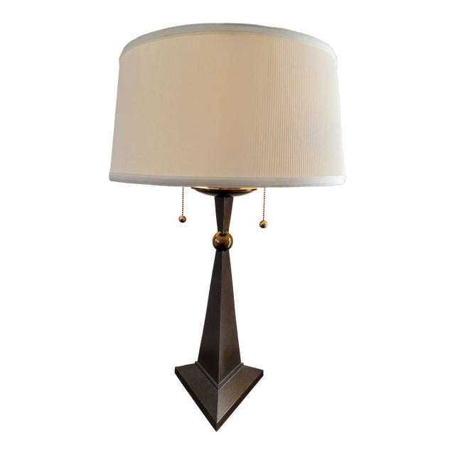 Mid 20th Century Modern Patinated Bronze Pyramid and Brass Sphere Lamp With Pleated Linen Shade For Sale