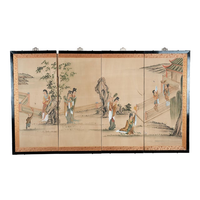 Japanese 4-Panel Byobu Geishas in Royal Country Palace Hand Painted Unsigned Folding Divider Screen Early to Mid 20th Century For Sale