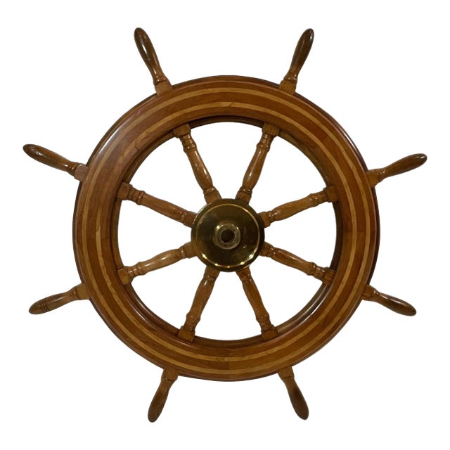 Ships Wheel with Brass Hub and Inlay For Sale