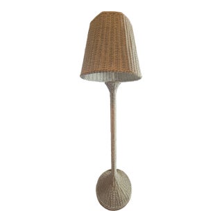 1970's Boho Chic White Wicker Floor Lamp For Sale