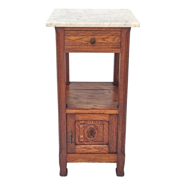 Antique 1920s French Oak Nightstand With Carved Grape Motif & White Marble Top For Sale