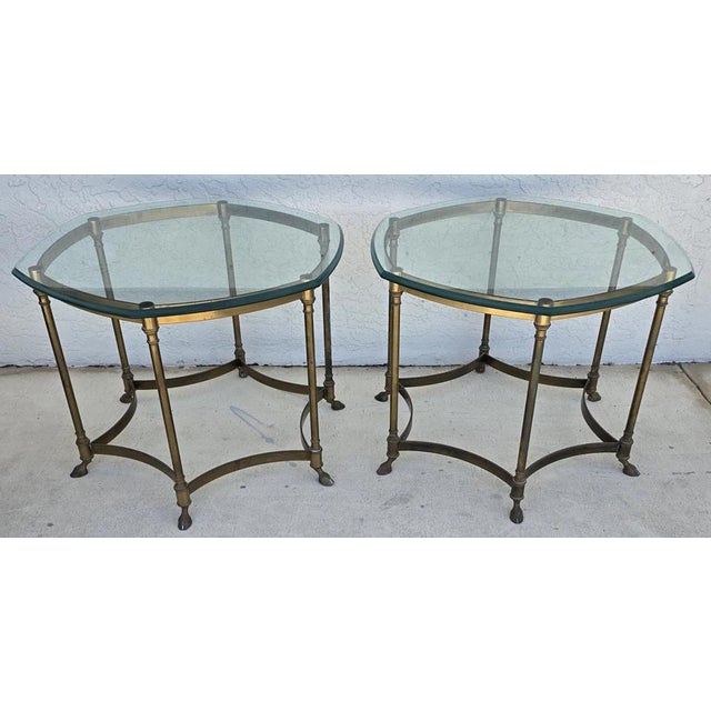 Vintage Labarge Side Tables Brass Glass Hoof Footed Octagonal Pair For Sale - Image 11 of 12