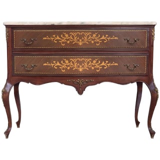 20th Century Marquetry Chest of Drawers With Bronze Details and Cream Marble Top For Sale