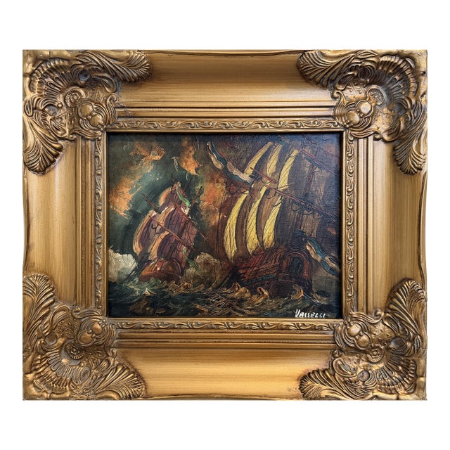 Italian Vintage Maritime Ship Oil Painting Signed Vasselli Nautical Seascape For Sale