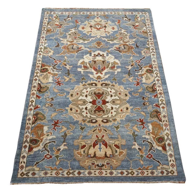 21st Century Afghan Wool Sultanabad 4x6 Slate Blue, Ivory, & Rust Handmade Area Rug #1143469
