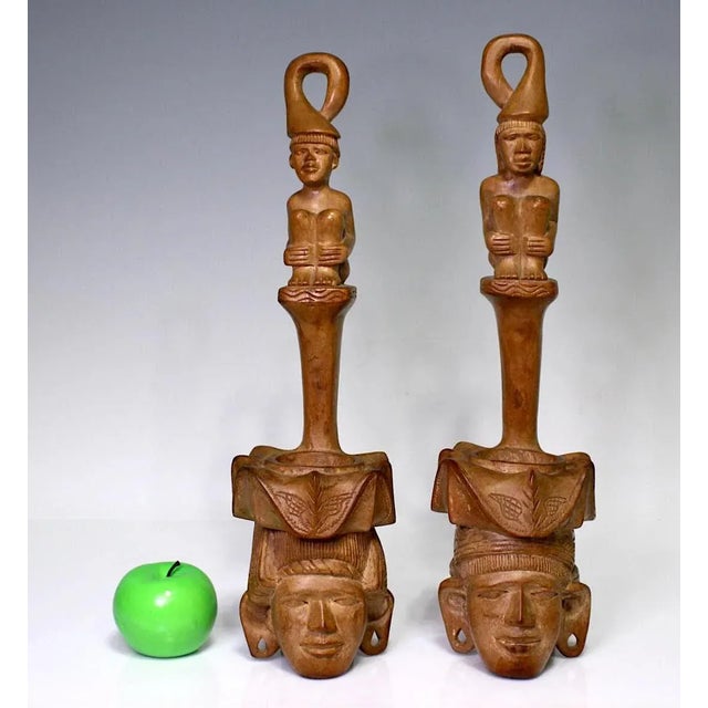 Large Austronesian Tiki Hand Carved Teak Figural Water Dippers / Ladles / Vases, a Pair For Sale - Image 4 of 11