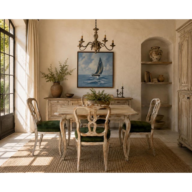 Charming vintage French Country / French Provincial Rococo-style dining set featuring one drop-leaf dining table and four...