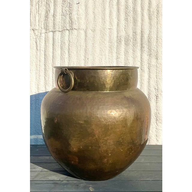 Metal Vintage Boho Monumental Hammered Brass Rings Urn For Sale - Image 7 of 11