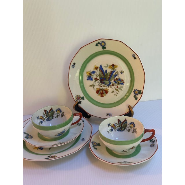 Rare Beautiful Hand-Painted in Kakiemon Style Porcelain Trio Sets(2), includes 2 Tea Cups, 2 Saucers, 2 Dessert Plates in...