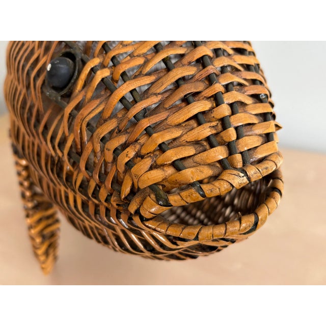 Mario Lopez Torres Vintage Metal-Framed Woven Rattan or Wicker Fish Large Nautical Beach Decor For Sale - Image 4 of 7